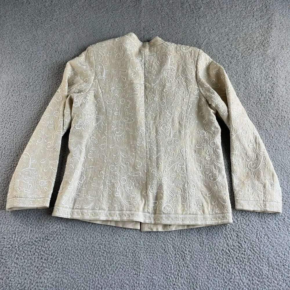 NEW Victor Costa Jacket Womens Medium Beige Blazer Linen Embroidered Floral Open